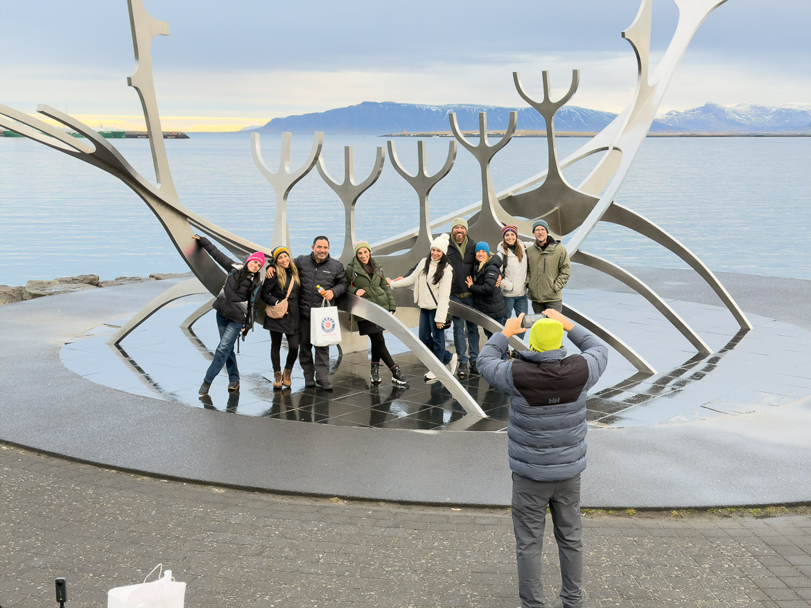 Group from my flight in front of the Sun Voyage sculpture