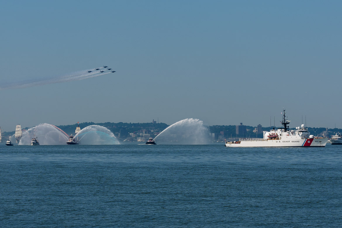 Blue Angels and fireboats at the start of the parade